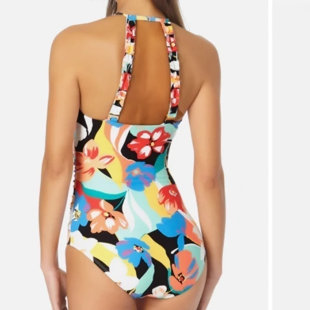 NWT Anne Cole High Neck Keyhole Floral One Piece Swimsuit sz 14